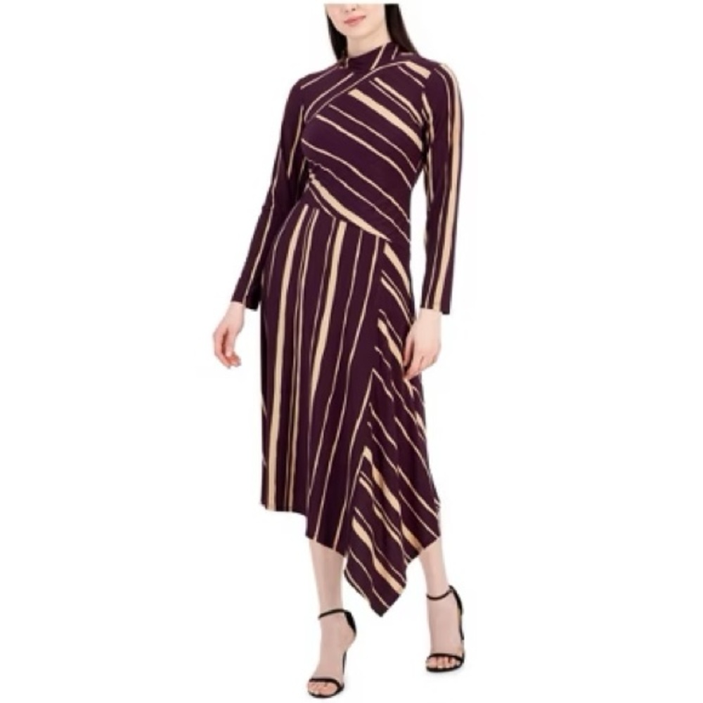 Taylor Asymmetrical Striped Dress in Purple and Cream